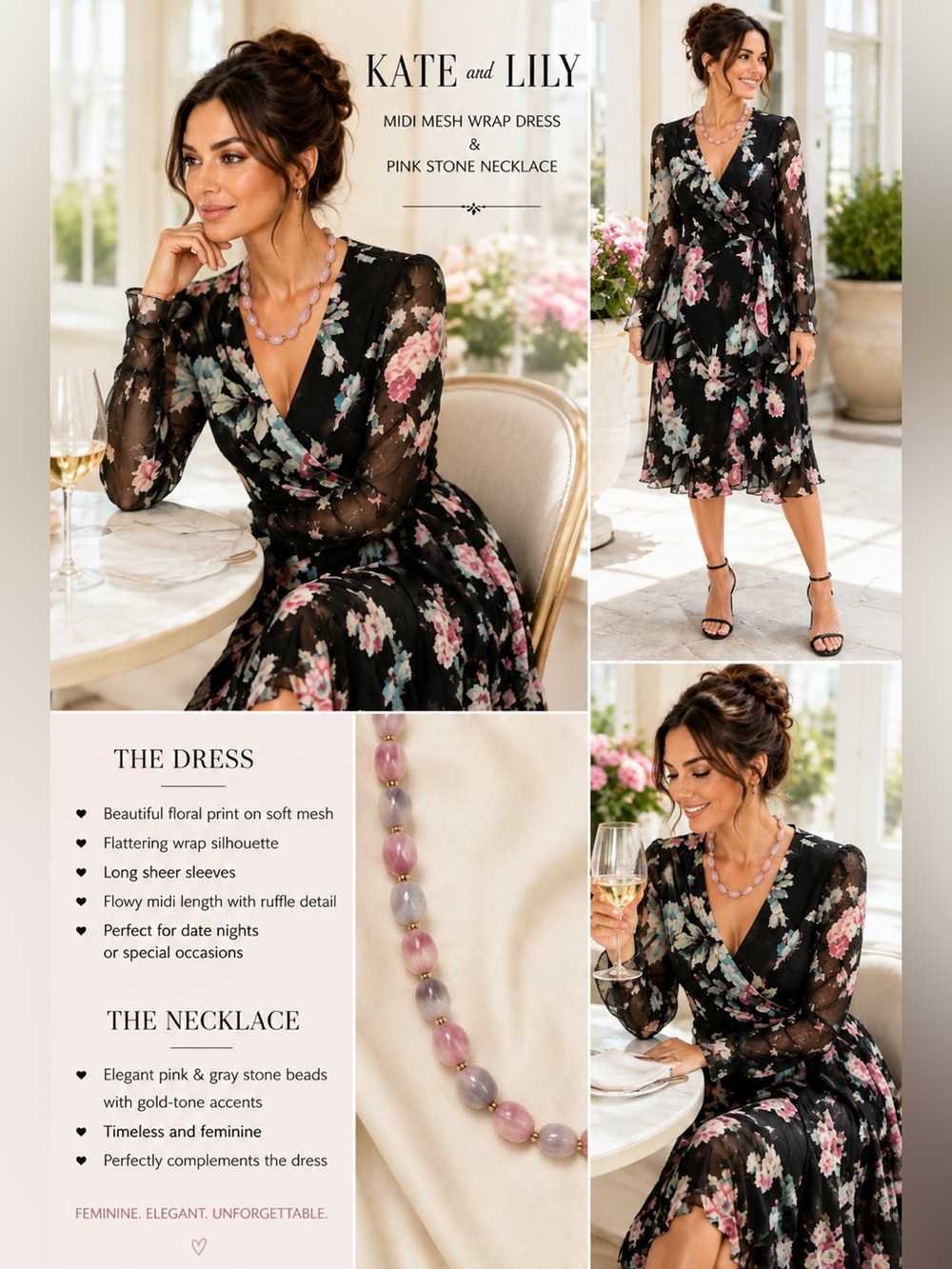 Kate & Lily black  Floral Midi Mesh Wrap Dress & stone necklace size 6